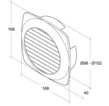 Technische Zeichnung eines runden Tellerventils mit den Maßen 168 x 168 x 40 Millimeter und einem Durchmesser von 98 bis 152 Millimeter.