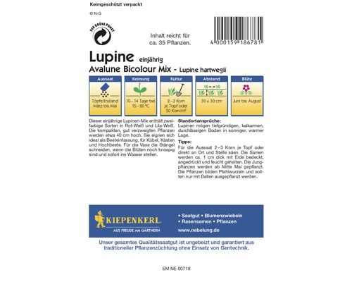 Samenpackung der einjährigen Lupine Avalune Bicolour Mix - Lupine hartwegii mit Informationen zu Aussaat, Keimung, Kultur, Abstand und Blütezeit