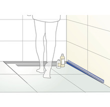 Illustration eines Badezimmers mit Duschrinne, Fliesen und Körperpflegeprodukten