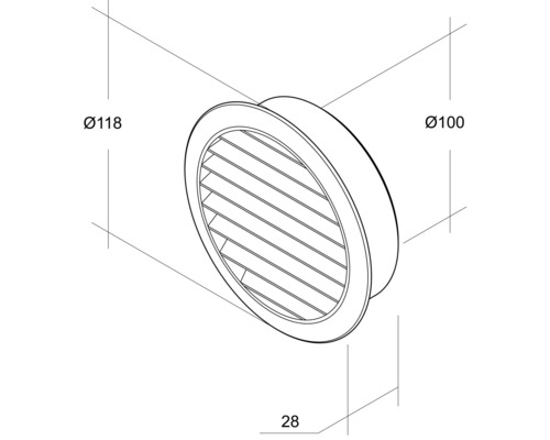 Technische Zeichnung eines runden Tellerventils mit den Maßen Durchmesser 118 mm, Durchmesser 100 mm und Tiefe 28 mm.