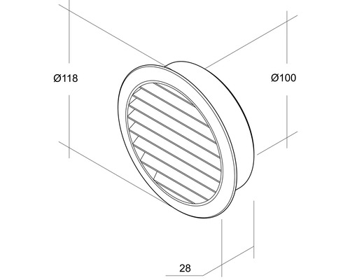 Diagramm eines runden Tellerventils mit den Maßen Durchmesser 118 Millimeter und Durchmesser 100 Millimeter, Tiefe 28 Millimeter