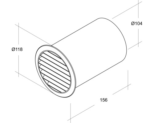 Technische Zeichnung eines runden Tellerventils mit den Maßen 118 mm Durchmesser, 104 mm Durchmesser und 156 mm Länge