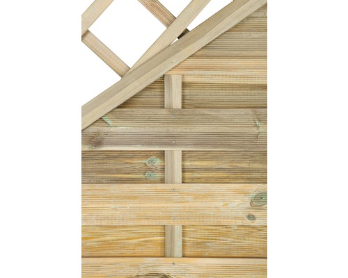 Detailansicht eines Holzzauns mit Latten und Rankgitter