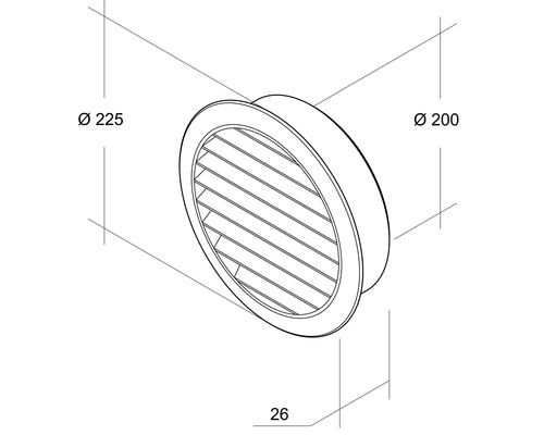 Illustration eines runden Lüftungsgitters mit den Maßen 225, 200 und 26 Millimeter