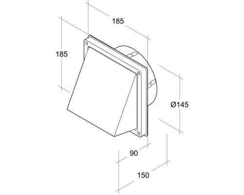 Technische Zeichnung einer Mauerdurchführung mit den Maßen 185 x 185 x 90 Millimeter und einem Durchmesser von 145 Millimeter.
