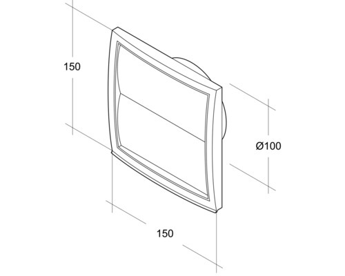 Technische Zeichnung eines Wandlüfters mit den Maßen 150 x 150 mm und einem Durchmesser von 100 mm