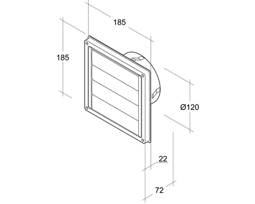 Abbildung eines Abluftgitters mit den Maßen 185 mal 185 Millimeter und einem Rohrdurchmesser von 120 Millimeter.