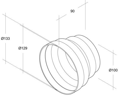 Technische Zeichnung eines Rohrbogens mit den Durchmessern 133 mm, 129 mm und 100 mm sowie einer Länge von 90 mm.