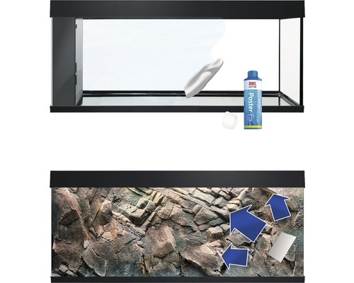 Aquarium mit Felswand-Dekoration, Reinigungszubehör und Klebstoff für Poster
