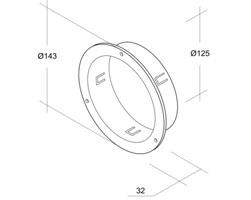 Technische Zeichnung einer Lampenfassung mit den Maßen 143 mm Durchmesser, 125 mm Durchmesser und 32 mm Tiefe