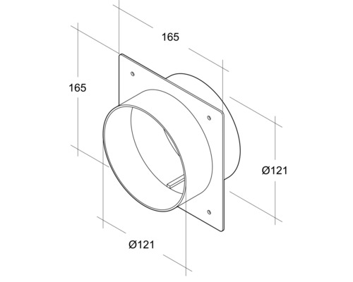 Technische Zeichnung eines Wandanschlusses mit den Maßen 165 x 165 mm und einem Durchmesser von 121 mm.