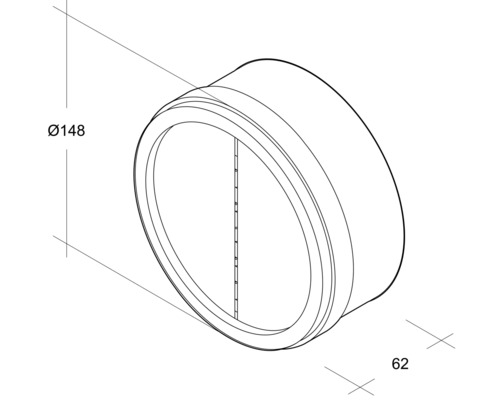 Abbildung einer runden Rohr-Rückschlagklappe mit den Maßen 148 Millimeter Durchmesser und 62 Millimeter Tiefe