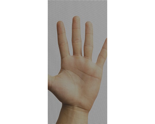 Hand hinter einem Insektenschutzgitter