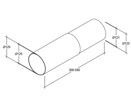 Technische Zeichnung eines Rohres mit den Maßen 300 bis 580 mm Länge, Durchmesser außen 125 mm, Durchmesser innen 121 und 129 mm