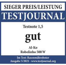 Testjournal Sieger Preis-Leistung Auszeichnung für Al-Ko Robolinho 500 W Rasenmähroboter, Testnote 1,5, gut, Ausgabe 5/2021