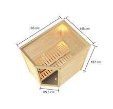 Plug & Play Sauna Karibu Jella inkl.3,6 kW Ofen u.integr.Steuerung ohne Dachkranz mit bronzierter Ganzglastüre-thumb-1
