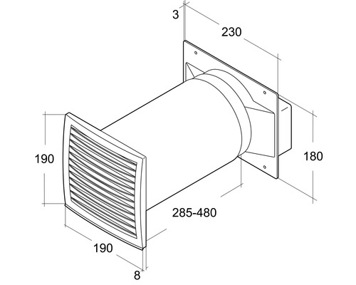 Technische Zeichnung eines Wandlüfters mit Maßangaben