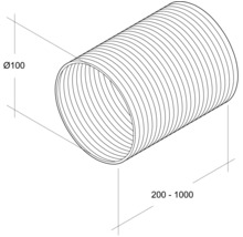 Abbildung eines flexiblen Rohrs mit einem Durchmesser von 100 Millimeter und einer Länge zwischen 200 und 1000 Millimeter