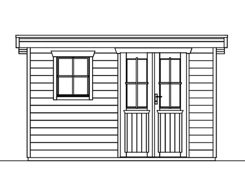 Illustration eines Gartenhauses mit Fenster und Doppeltür