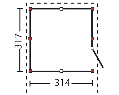 Schema für ein Gartenhaus mit den Maßen 317 mal 314 Zentimeter