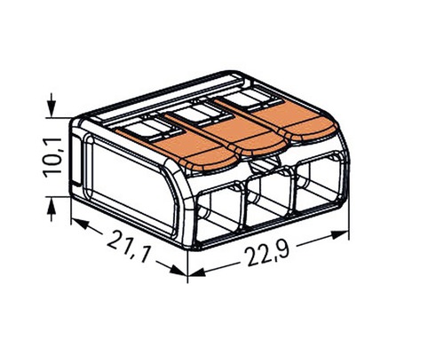 Dreipolige Verbindungsklemme mit den Maßen 10,1 x 21,1 x 22,9 Millimeter.