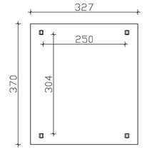 Technische Zeichnung einer quadratischen Platte mit den Maßen 327 x 370 mm und vier Befestigungspunkten