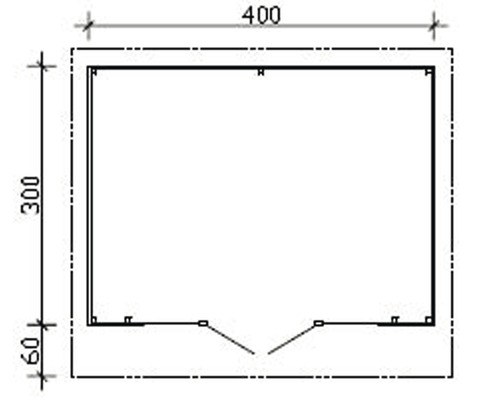 Technische Zeichnung eines Gartenhauses mit Maßangaben von 400 mal 300 Zentimeter