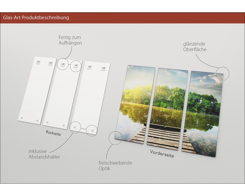 Glasbild mehrteilig mit See-Motiv, glänzender Oberfläche und Aufhängung