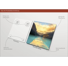 Glasbild mit Bergsee-Motiv, inklusive Wandhalterung und Abstandshalter