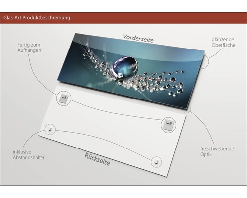 Glasbild Produktbeschreibung: Vorderseite mit glänzender Oberfläche und Rückseite inklusive Abstandshalter für freischwebende Optik, fertig zum Aufhängen.