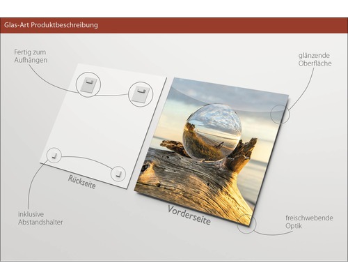 Glasbild mit Strandmotiv, inklusive Wandhalterung und glänzender Oberfläche