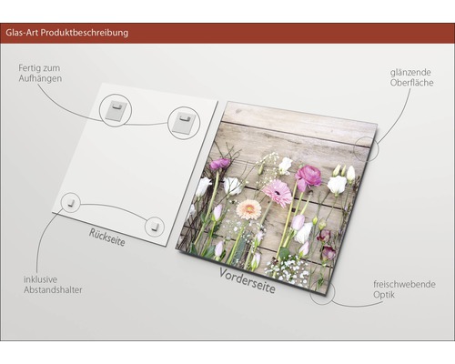 Glasbild mit Blumenmotiv, inklusive Abstandshalter zur Aufhängung