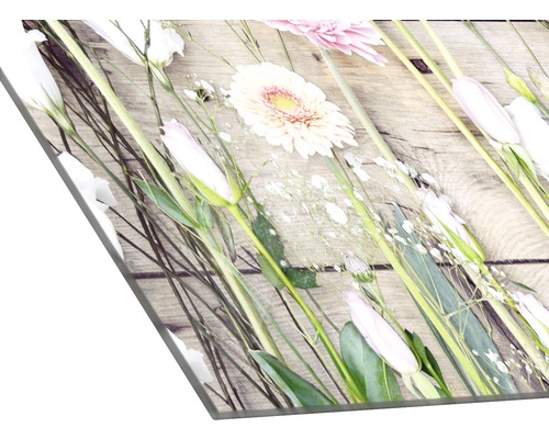 Acrylglasbild mit Blumenmotiv auf Holz
