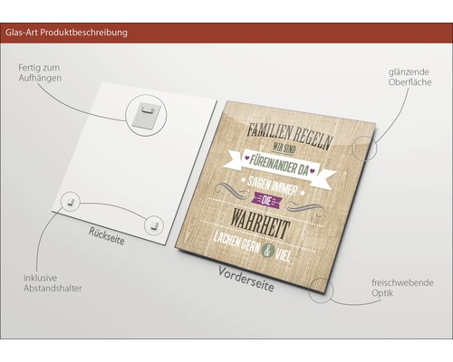 Glasbild mit dem Aufdruck Familienregeln, inklusive Aufhängung und Abstandshalter