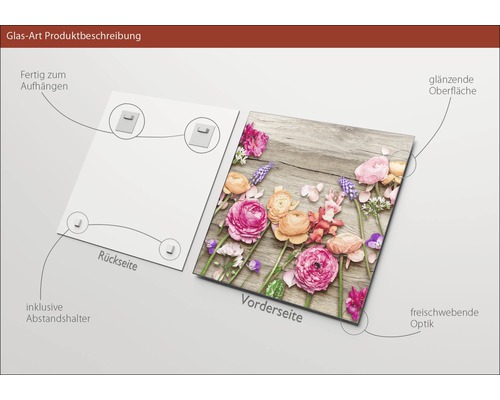Glasbild mit Blumenmotiv und Aufhängvorrichtung auf der Rückseite