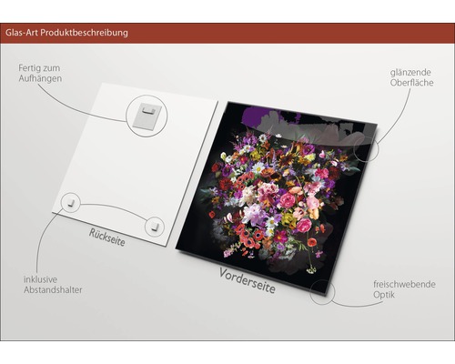 Glasbild mit Blumenmotiv, inklusive Aufhängung und Abstandshalter