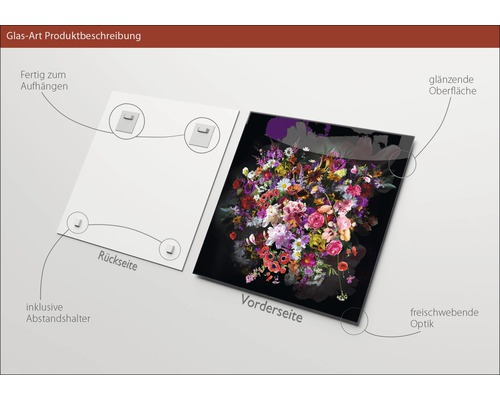 Glasbild mit Blumenmotiv, glänzender Oberfläche, inklusive Abstandshalter und Aufhängung