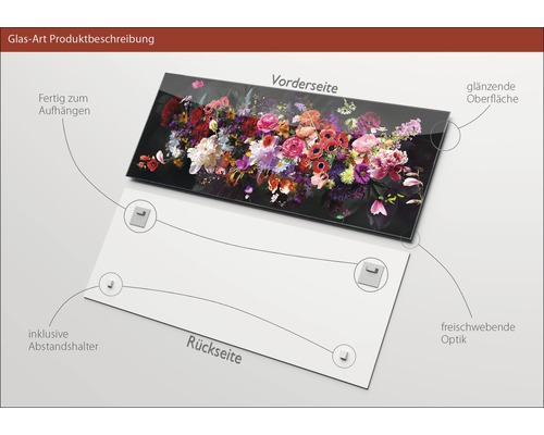 Glasbild mit Blumenmotiv, glänzender Oberfläche, inklusive Abstandshalter zur einfachen Montage