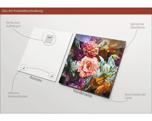 Glasbild mit Blumenmotiv, inklusive Abstandshalter und Aufhängevorrichtung