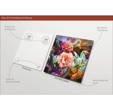 Glasbild mit Blumenmuster, inklusive Wandhalterung und Abstandshalter