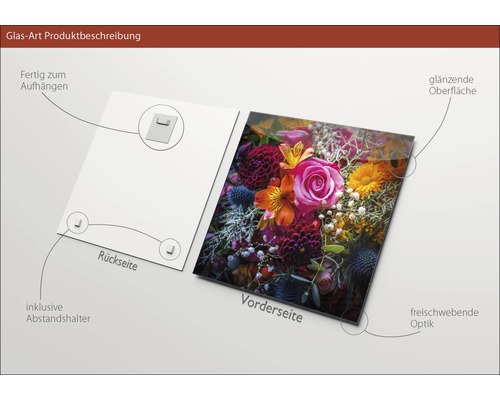 Glasbild mit Blumenmotiv und Aufhängesystem