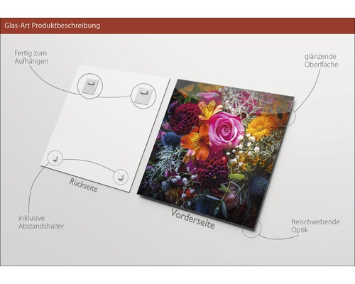 Glasbild mit Blumenmotiv, inklusive Abstandshalter und Aufhängung