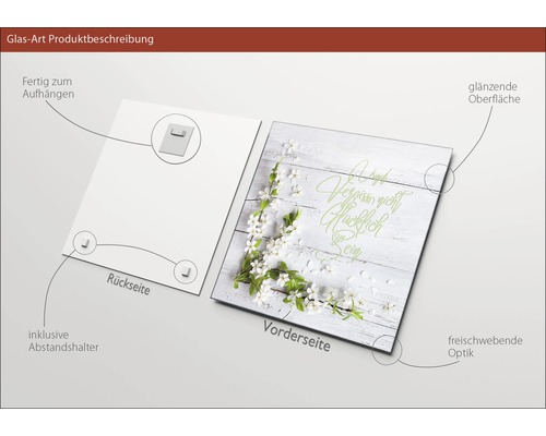 Glasbild mit Aufhängung, Abstandshalter und glänzender Oberfläche