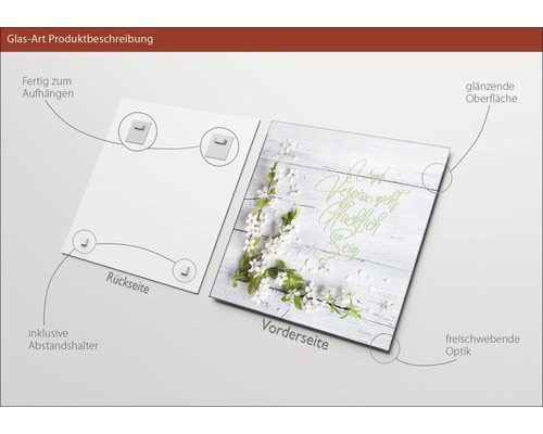 Glasbild mit Aufhängung, Abstandshalter und glänzender Oberfläche