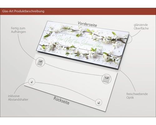 Glasbild mit Blütenzweigen und Schriftzug, inklusive Abstandshalter und Aufhängevorrichtung
