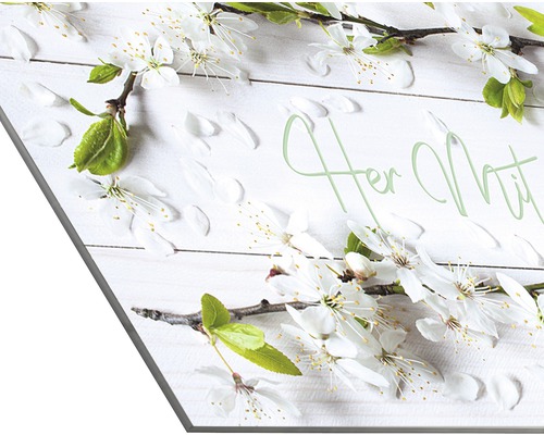 Dekorplatte mit Blütenzweigen und Schriftzug Her mit