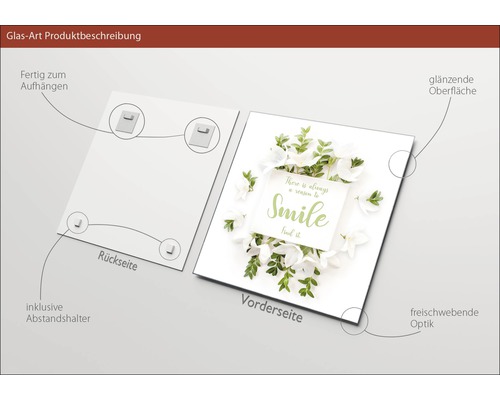 Glasbild mit dem Schriftzug There is always a reason to smile, inklusive Wandhalterung