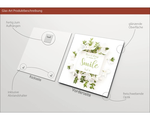 Glasbild mit Aufhängevorrichtung, Abstandshalter, glänzender Oberfläche und freischwebender Optik