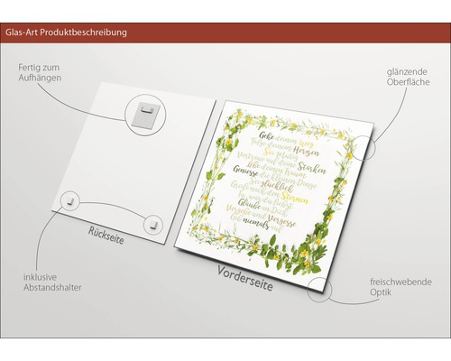 Glasbild mit Zitat und Blumenkranz, inklusive Abstandshalter und Aufhängung
