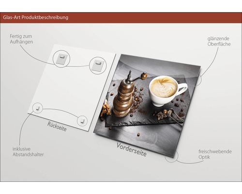 Glasbild mit Kaffee-Motiv, inklusive Abstandshalter und Aufhängung